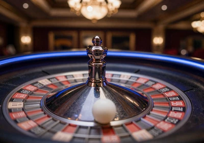 Roulette-Rad mit rotierender Kugel und blauer Randbeleuchtung im Casea Live Casino