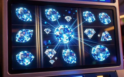 Blauer Neon-Edelstein-Slot w&auml;hrend einer Drehung mit leuchtenden Kristallen