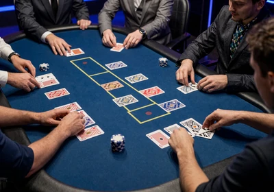 Multi-Hand Blackjack-Tisch mit f&uuml;nf Spielerpositionen auf blauem Casea-Tuch