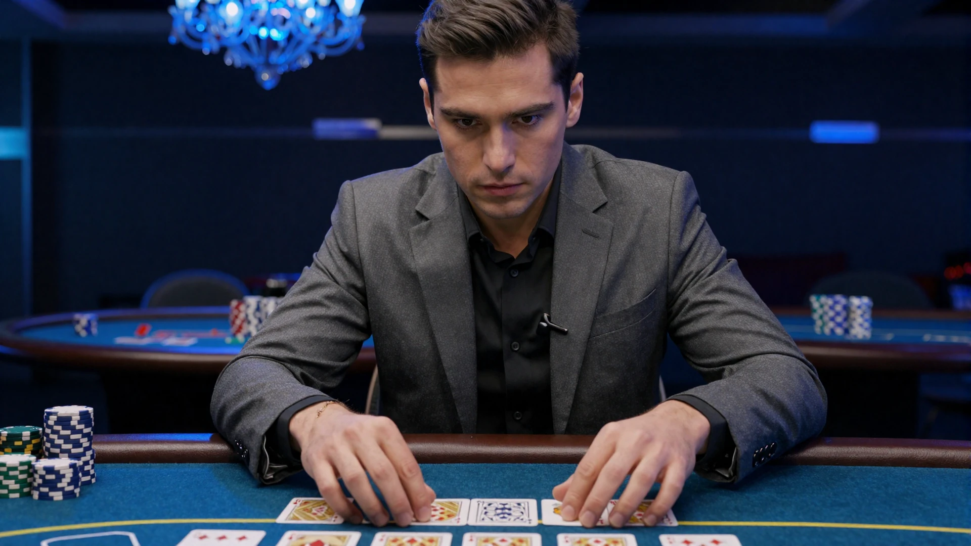 Konzentrierter Spieler in Anzug studiert Blackjack-Karten an blauem Casea Casino Tisch