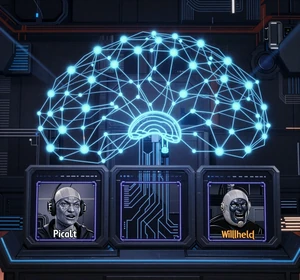 Sci-Fi Slot mit blauen neuronalen Netzwerk-Visuals und kybernetischen Schaltkreisen