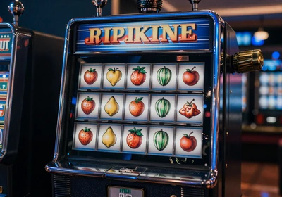Klassischer Slotautomat mit blauem Chromrahmen und Fr&uuml;chtesymbolen im Casino