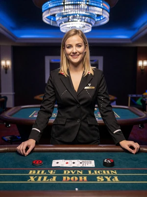 Elena, Blackjack-Dealerin im Casea Live Casino mit blauer Ambiente-Beleuchtung