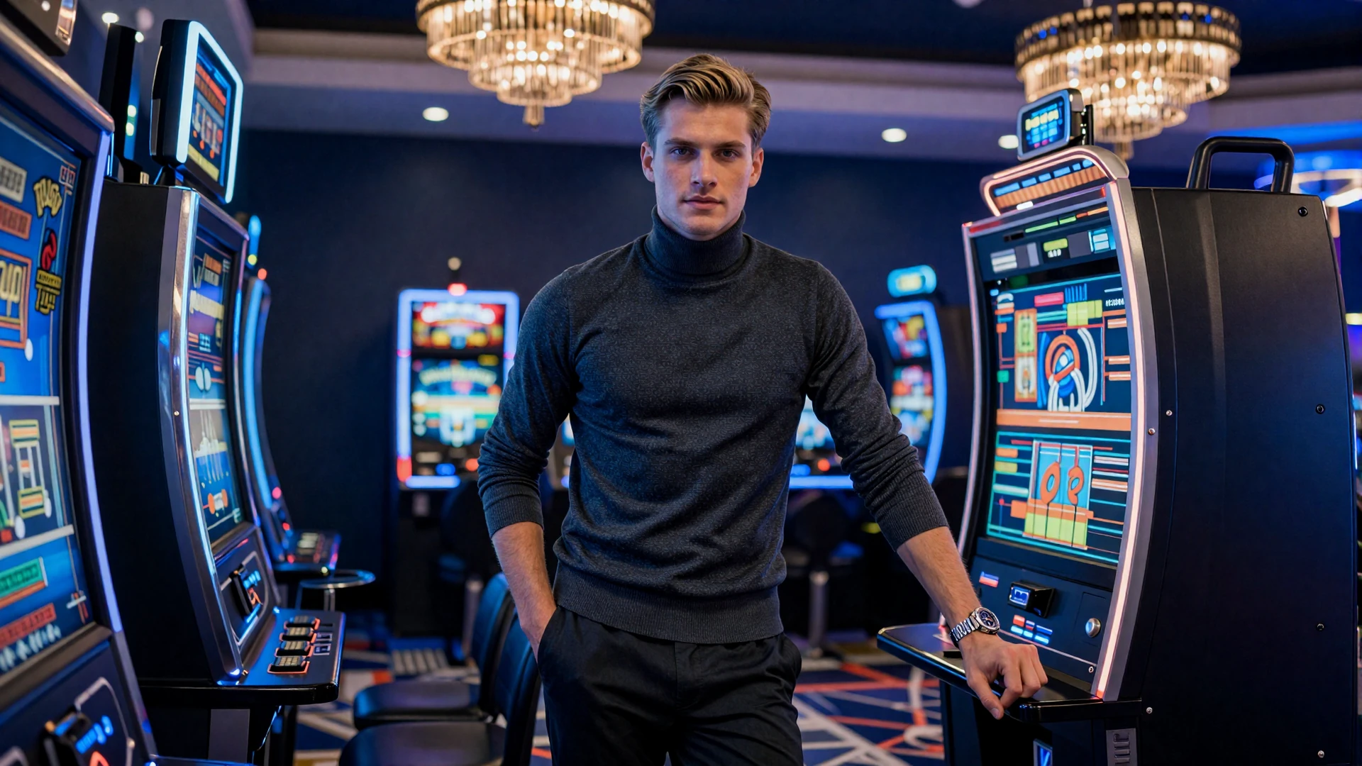 Casea Casino Modell in dunklem Rollkragenpullover an moderner Slotmaschine in blau beleuchtetem Casinosaal