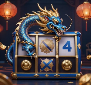 Asiatisches Gl&uuml;cksspiel Slot mit blau-goldenem Drachen und Laternen