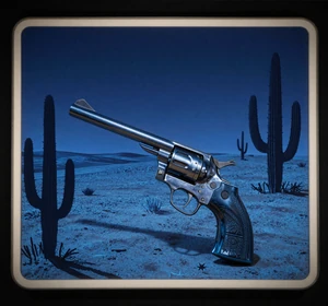 Wild-West Slot mit blauer D&auml;mmerungsw&uuml;ste und Revolver-Silhouette