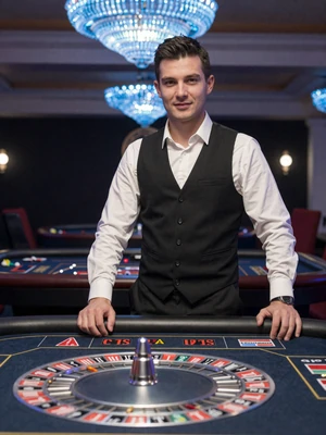 Marcus, Roulette-Dealer im Casea Live Casino mit blauer Ambiente-Beleuchtung