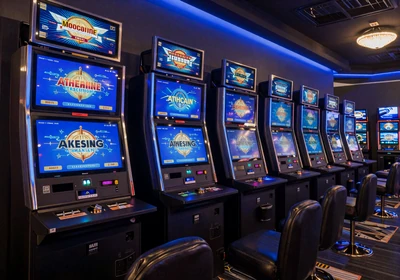 Reihe moderner Video-Slotautomaten mit blauen Bildschirmen in dunklem Casinosaal