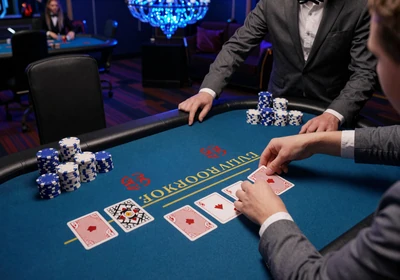 Live Blackjack-Tisch mit Dealer-H&auml;nden und Karten auf blauem Casea Casino Tischtuch