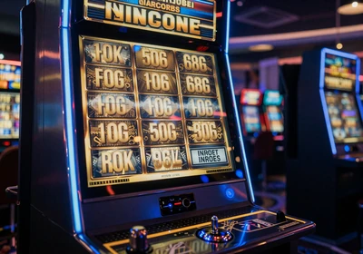 Gl&uuml;hender Slot-Automat mit Jackpot-Anzeige in Gold und Blau bei Casea