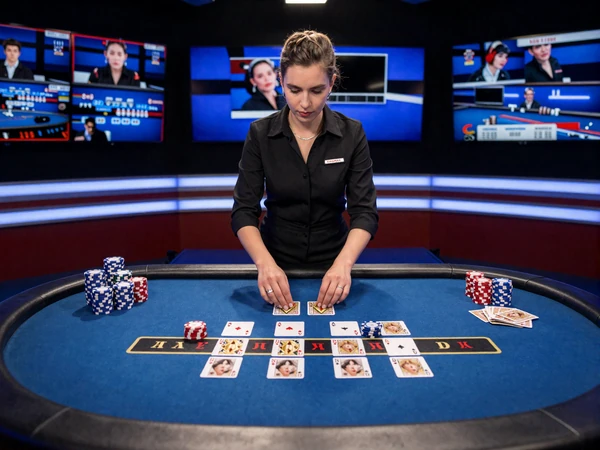 Live Blackjack Studio mit Dealerin in schwarzer Uniform an blau beleuchtetem Casea Tisch