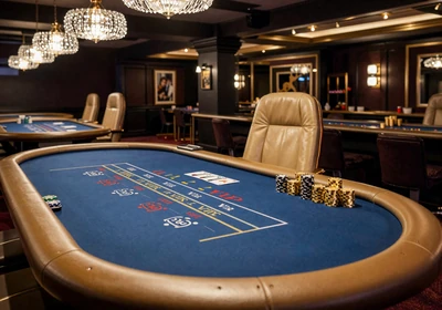 VIP High-Roller Blackjack-Tisch mit Gold- und Blautrimm im Casea Privat Salon