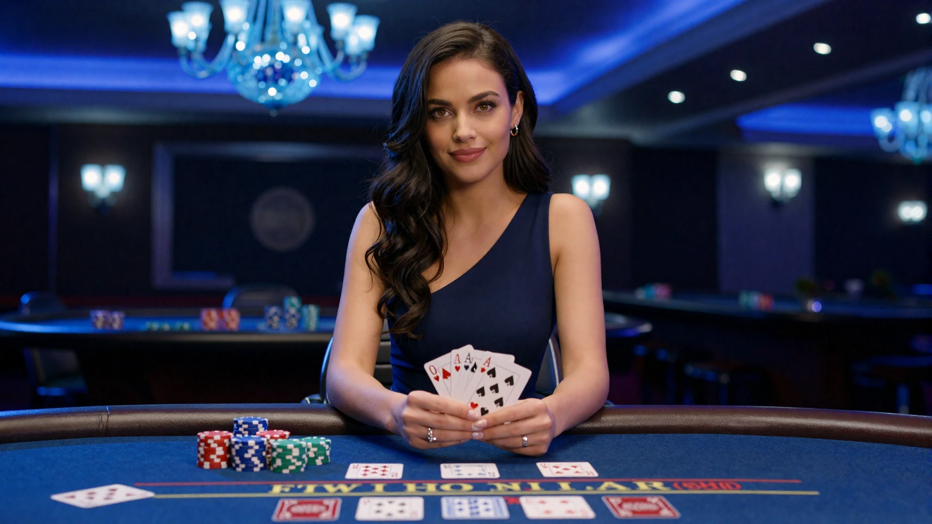 Casea Live Casino Modell an Blackjack-Tisch in privatem Salon mit blauer Chandelier-Beleuchtung