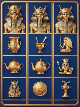 &Auml;gypten-Themed Slot mit Goldartefakten auf blauem Hintergrund