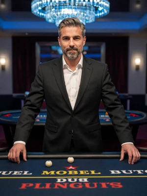 Victor, Baccarat-Dealer im Casea Live Casino mit blauer Ambiente-Beleuchtung