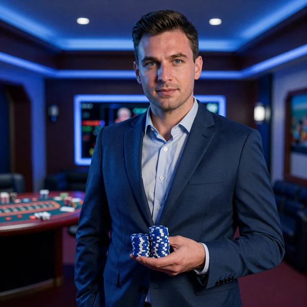 Mann in Navy-Anzug mit blauen Casino-Chips im Casea VIP-Raum